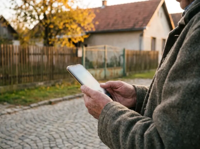 Starší muž s mobilom na dedinskej ulici