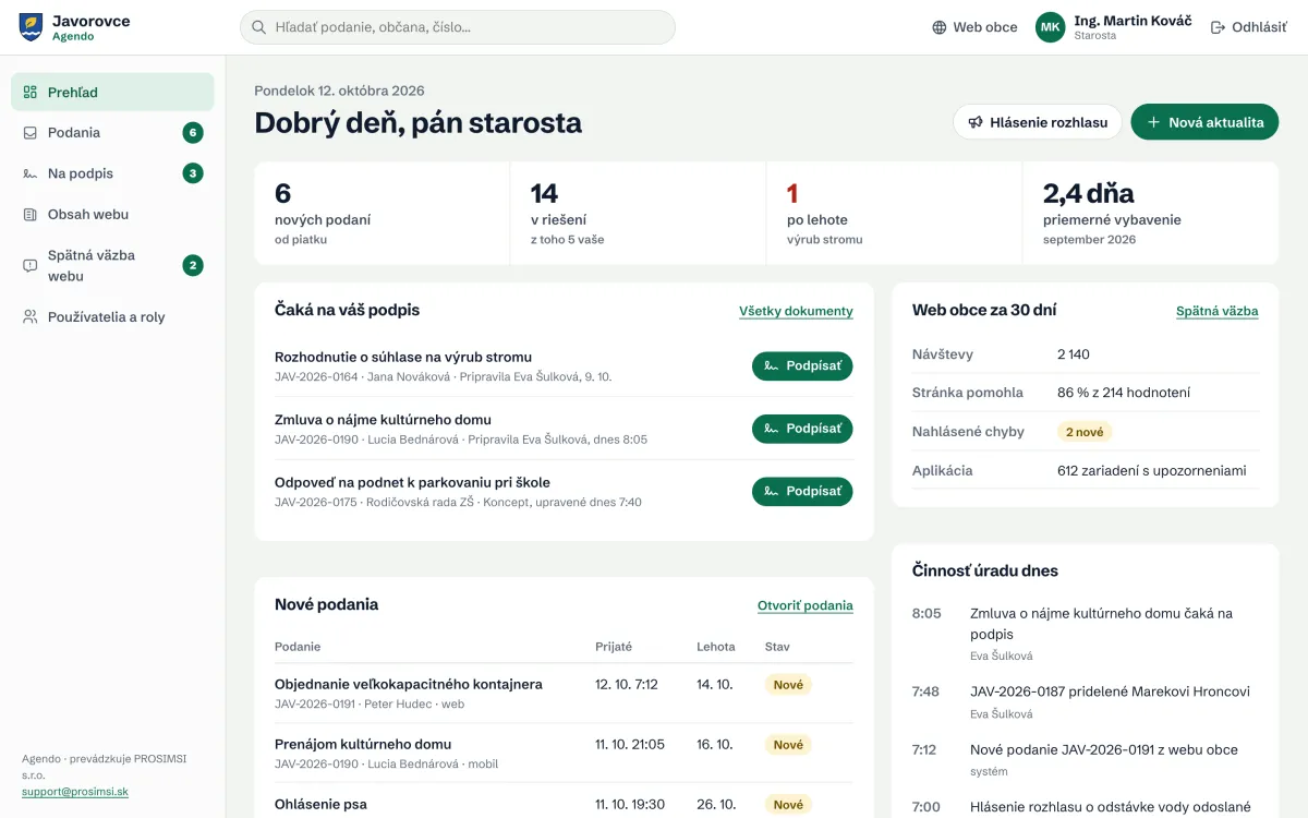 Prehľad administrácie Agenda pre starostu obce