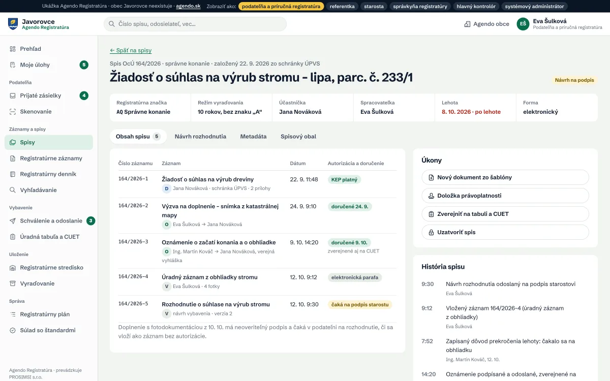 Spis správneho konania v Agendo Registratúre so záznamami, úkonmi a históriou