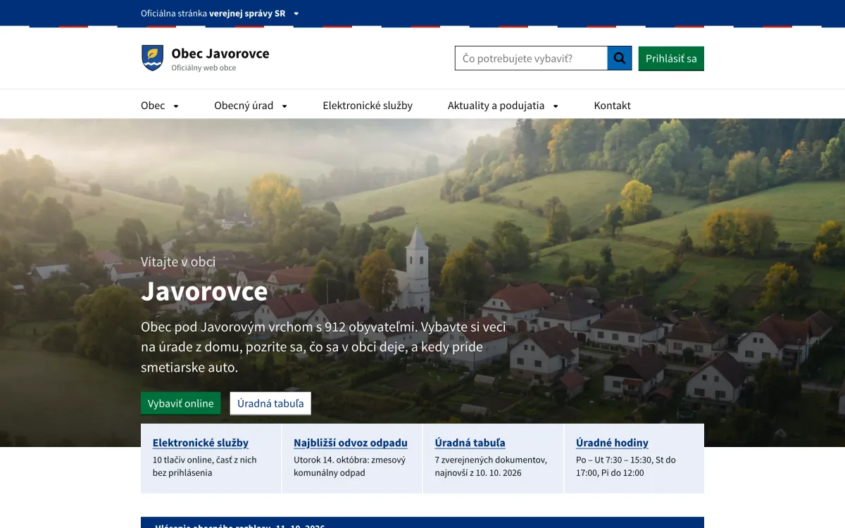 Úvodná stránka webu obce Javorovce v dizajne ID-SK