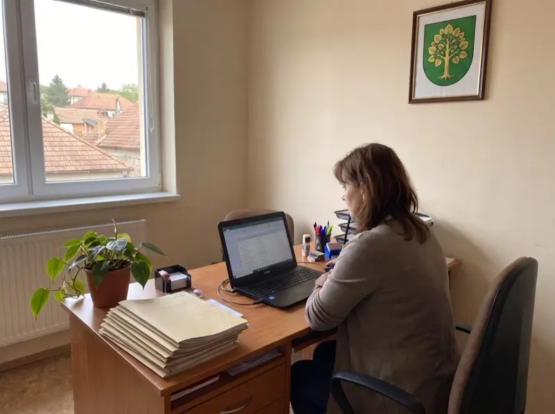 Pracovníčka obecného úradu pri notebooku